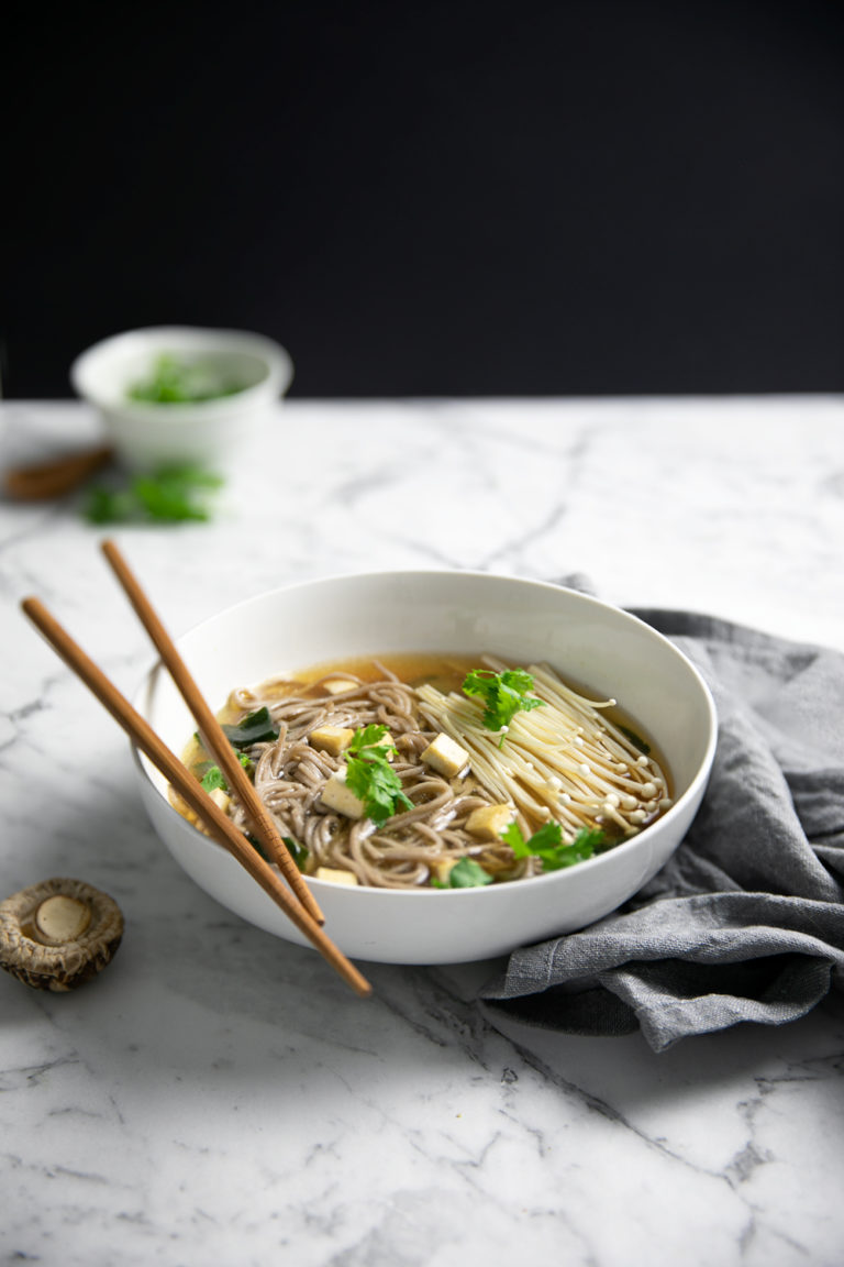 Easy Miso Soup with Soba Noodles & Enoki Mushrooms - Curated Life Studio
